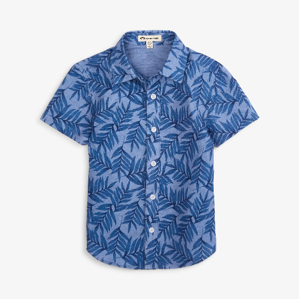 Appaman Day Party Shirt in Summer Blues, 100% cotton button-up with palm print