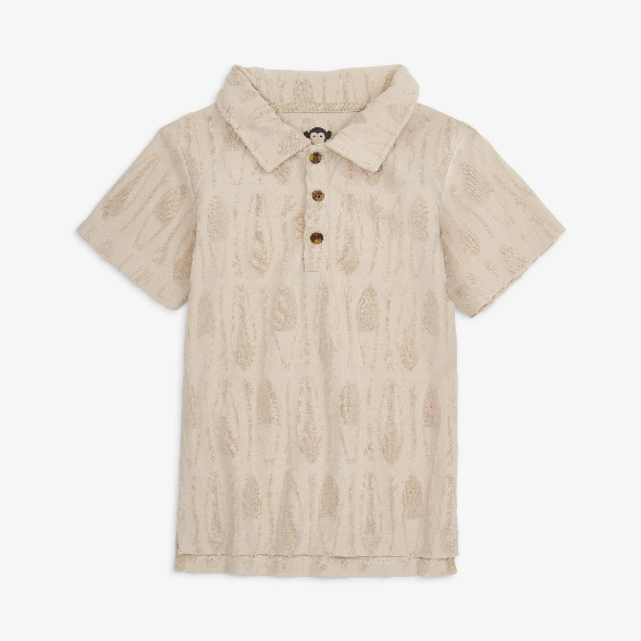 Appaman Fairbanks Polo in Taupe with raised surfboard texture and wooden buttons