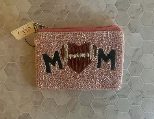 Viola beaded coin purse in pink with heart and football design, featuring delicate beadwork