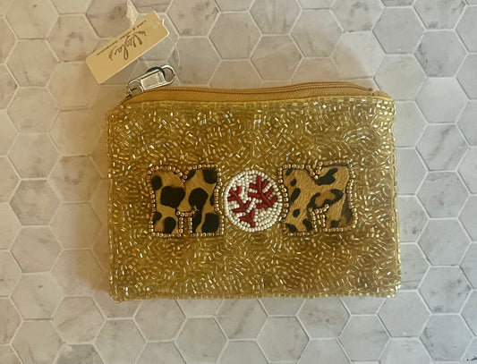 Viola beaded coin purse with mother and baseball motif, heirloom-quality craftsmanship