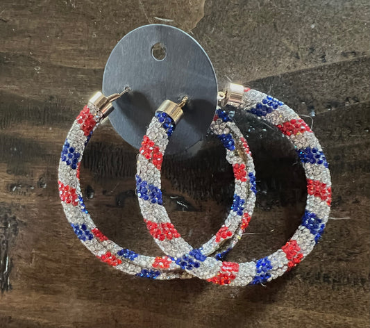 Bach Patriotic Crystal Hoops by Viola in red, silver, and blue, approximately 2.5 inches long