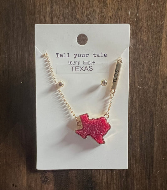 Tell Your Tale burgundy Texas necklace with charm and small stud earrings set