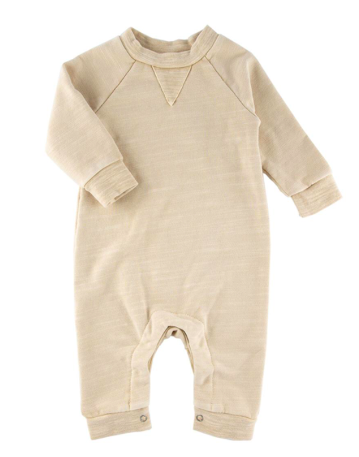 Henry Romper in oatmeal by Miki Miette, cotton romper with snap closures