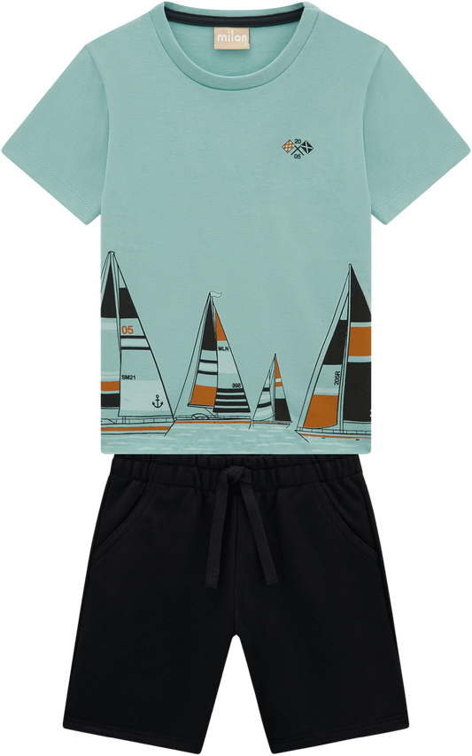 Milon two-piece sailboat short set: blue t-shirt with sailboat print and black shorts