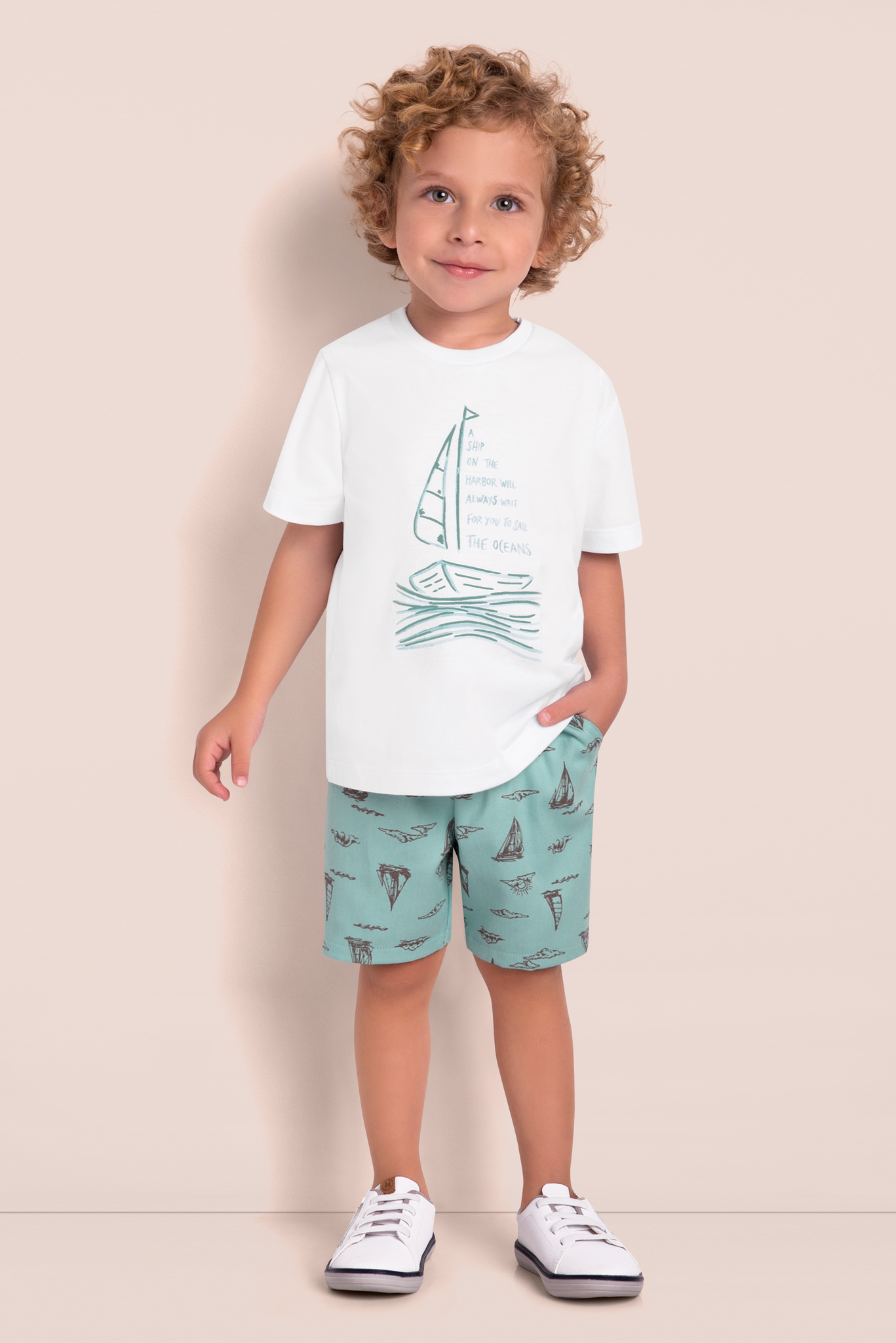 White cotton t-shirt and aqua knit shorts with sailboat print, Milon 2PC set