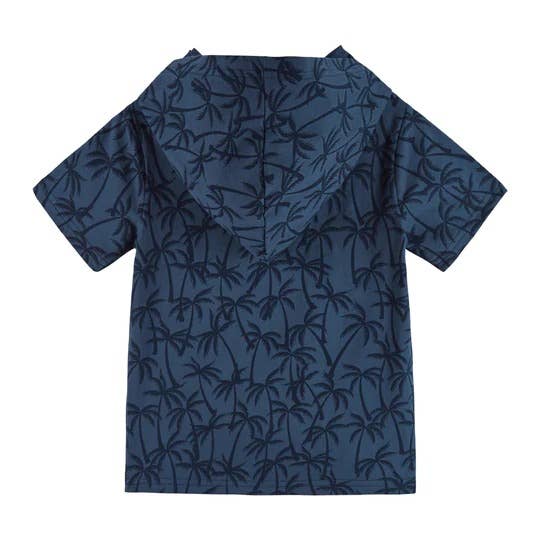 Rear side of a short sleeved hooded t-shirt with a Navy blue pattern with dark navy palm trees. 