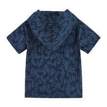 Load image into Gallery viewer, Rear side of a short sleeved hooded t-shirt with a Navy blue pattern with dark navy palm trees. 
