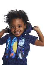 Load image into Gallery viewer, A smiling male child wearing a Navy blue short-sleeved hooded t-shirt with dark navy palm tree pattern. The front features three brightly colored surfboards. 
