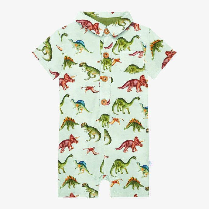 Posh Peanut Short Sleeved Collared Henley Romper - Buddy Print