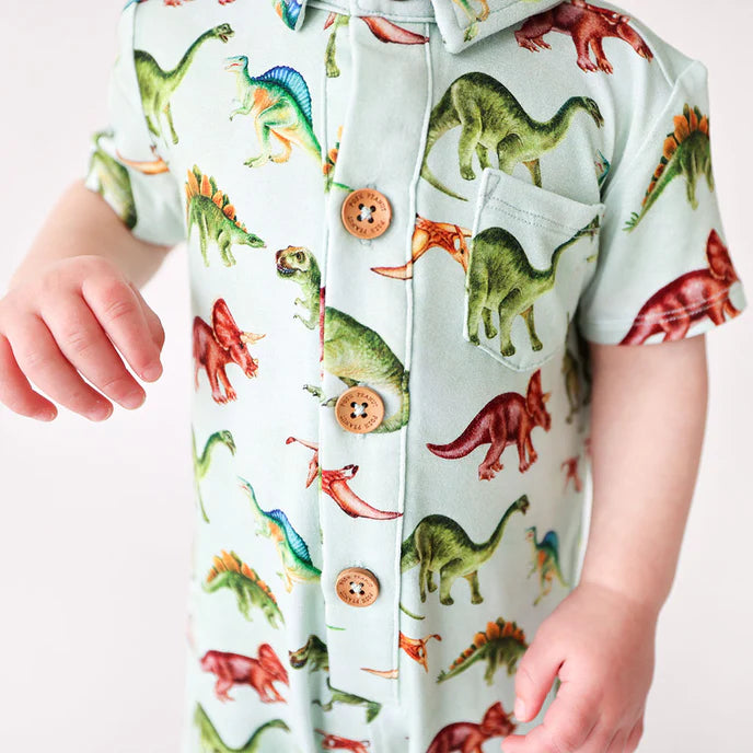 Posh Peanut Short Sleeved Collared Henley Romper - Buddy Print