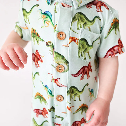 Posh Peanut Short Sleeved Collared Henley Romper - Buddy Print