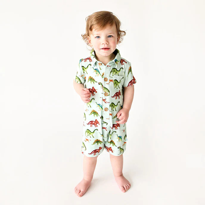 Posh Peanut Buddy Print Short Sleeved Collared Henley Romper in soft bamboo viscose with wood button details