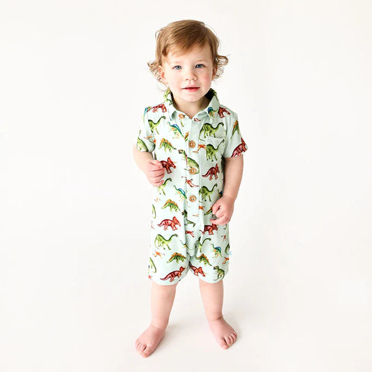 Posh Peanut Short Sleeved Collared Henley Romper - Buddy Print