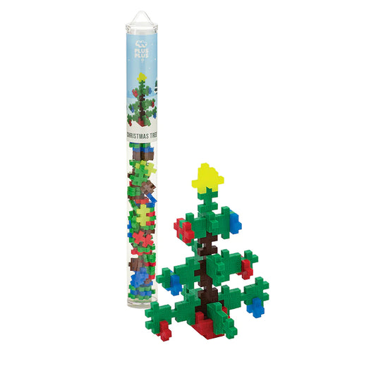 Plus-Plus Christmas Tree tube with 70 building pieces in red, green, blue, yellow, and brown