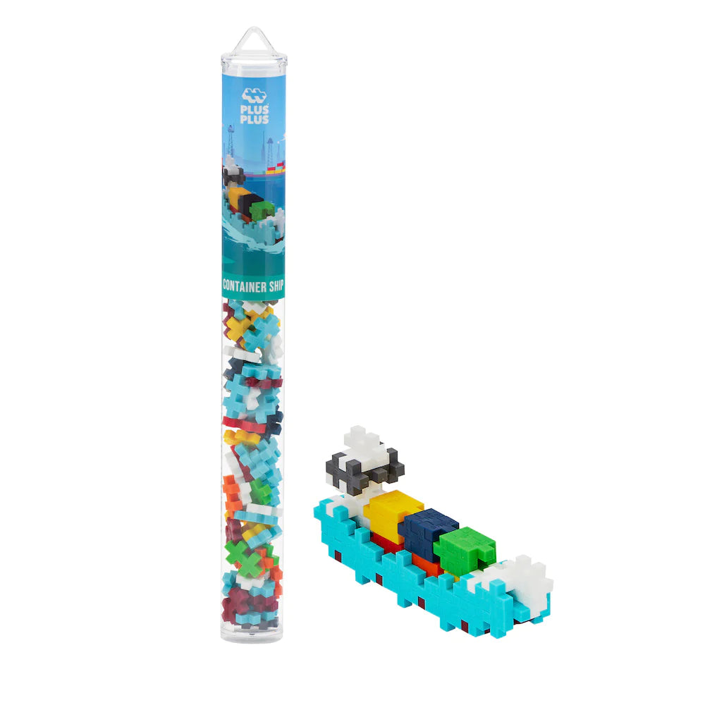 Plus-Plus Container Ship 70-piece building set with reusable tube and assorted color pieces