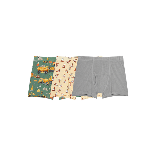 Three-pack of Posh Peanut Crawford Boxer Briefs in soft bamboo with construction vehicle design