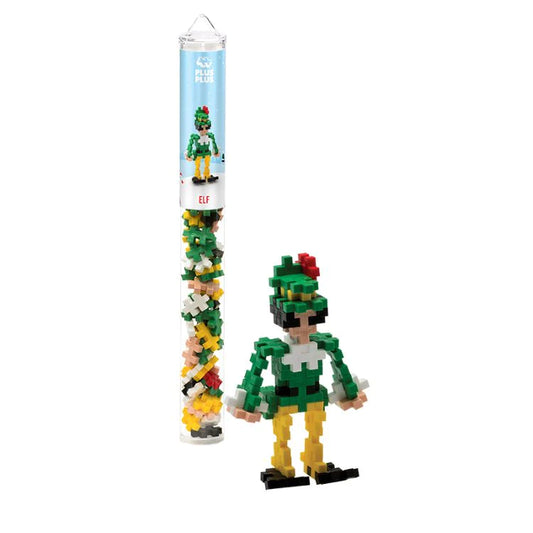 Plus-Plus Elf Tube: 70 colorful building pieces in red, yellow, green, white, black, and peach with reusable tube.