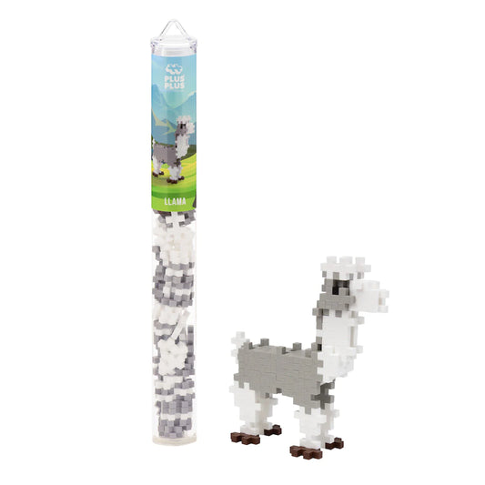 Plus-Plus Llama tube with 70 interlocking building pieces in white, gray, black, and brown.