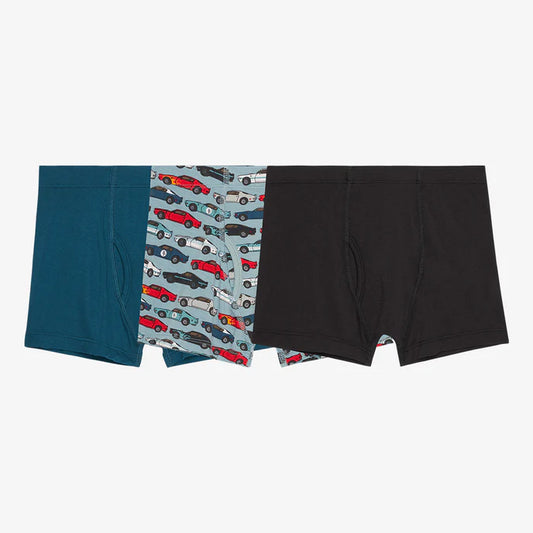 Posh Peanut Miles Boxers three-pack set in race car, black ribbed, and sailor blue designs