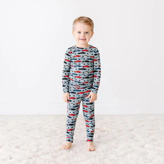 Miles Collection 2-piece long-sleeve pajamas in viscose bamboo—roundneck pullover top and elasticized-waist bottoms.