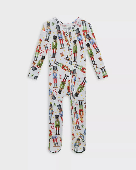 Nutcracker Footie Pajamas in soft fabric with two-way zip closure and protective chin guard by Posh Peanut