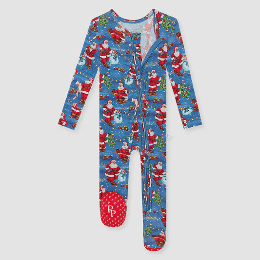Posh Peanut Santa footie pajamas in reversible viscose from bamboo with 2-way zipper and non-slip grips