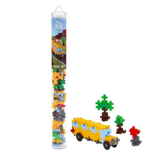 Plus-Plus School Bus tube with 70 interlocking building pieces in red, green, blue, brown, mustard, and smoke