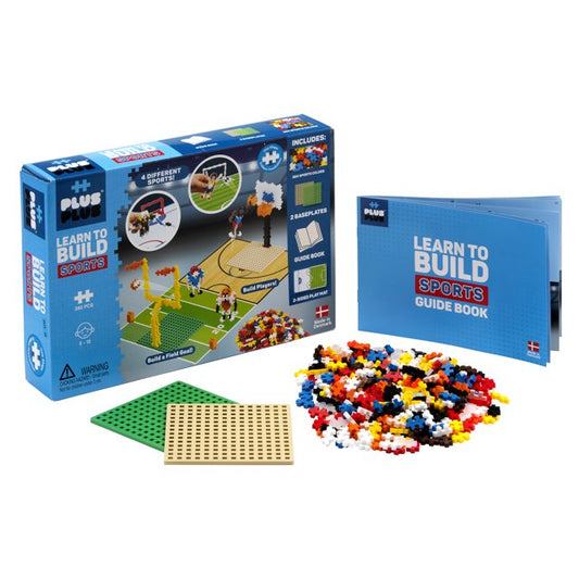 Plus-Plus Learn to Build Sports set with 380 colorful modular pieces, baseplates, and instruction guide