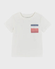 Load image into Gallery viewer, A white crew neck t-shirt with a red white and blue striped pocket detail. 
