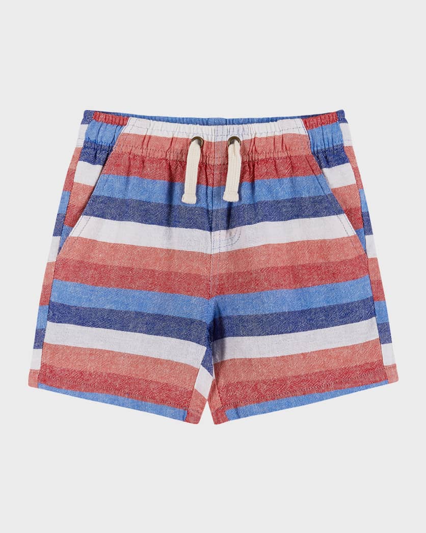 A red white and blue striped pair of shorts with a drawstring closure. 