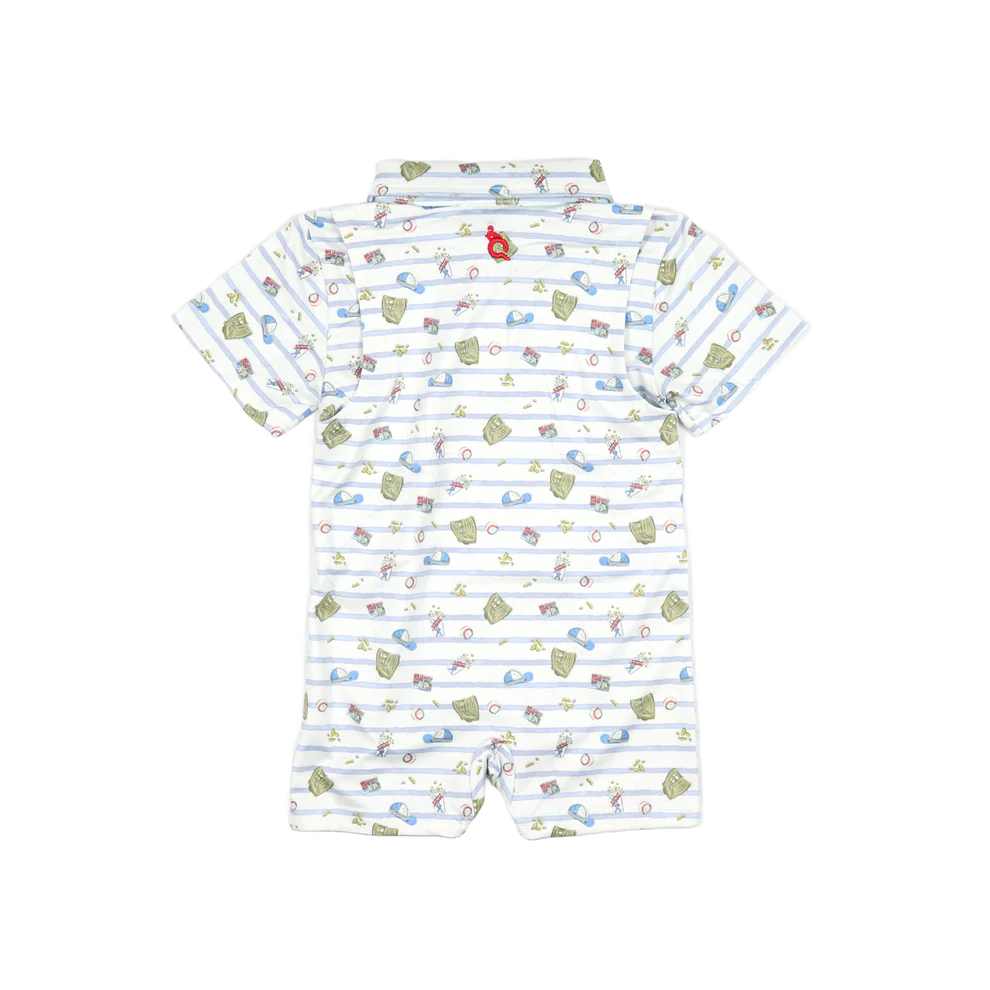 7th Inning Stretch Polo SS Romper-Blue Quail