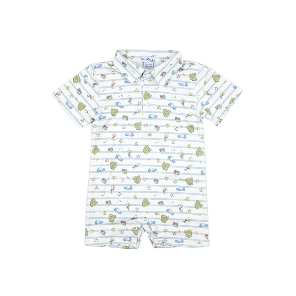 Blue Quail 7th Inning Stretch Polo SS Romper in mesh fabric, front view