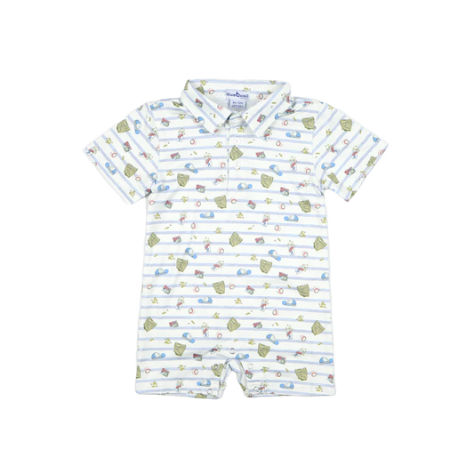 7th Inning Stretch Polo SS Romper-Blue Quail