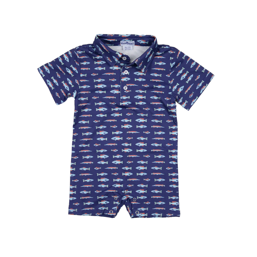 Blue Quail Freshwater Short-Sleeve Romper in blue, polo-style with mesh venting and UPF 50+ protection