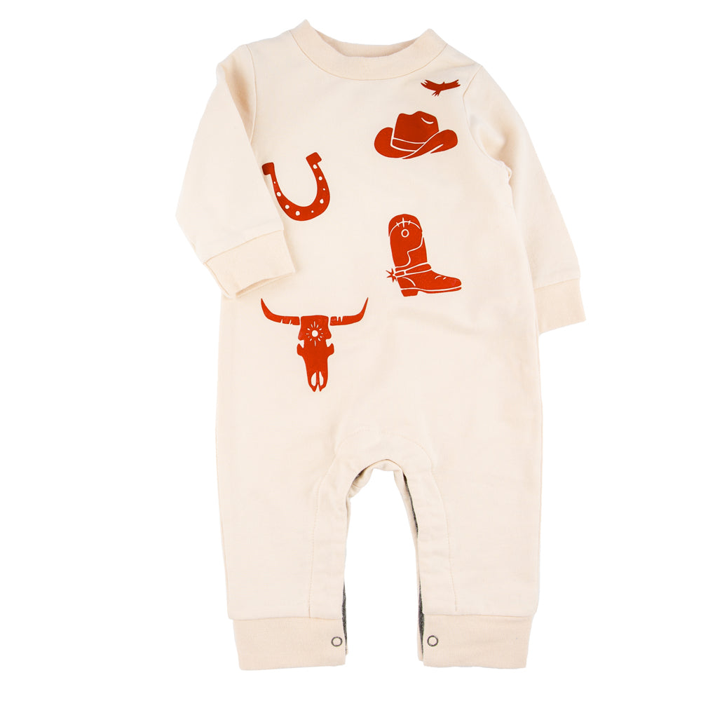 Henry Romper in Wild Horses pattern by Miki Miette, soft cotton with snap closures