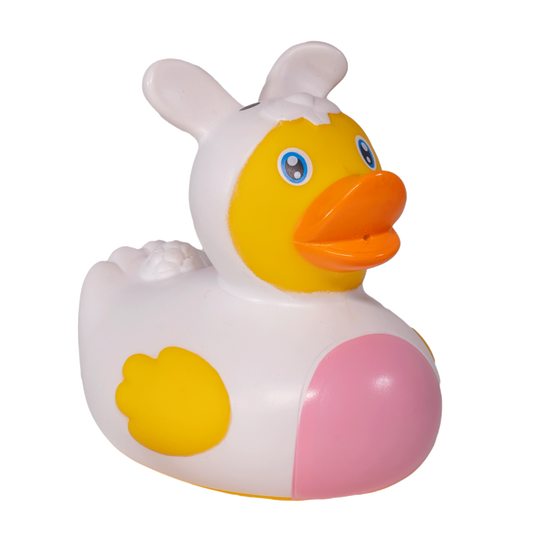  A classic yellow rubber duck wearing a pink easter bunny onesie