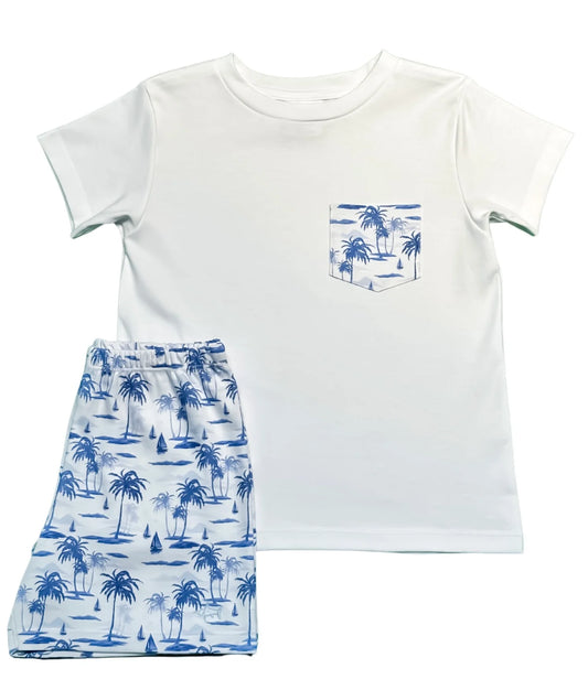 Toile Shorts Set by Saltwater Boys in pima cotton; includes coordinating tee and shorts in classic print.