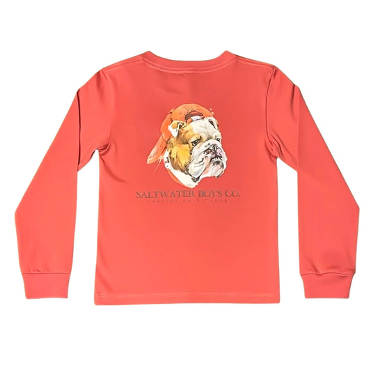 Red long-sleeved tee with SBC logo pocket and bulldog graphic, Saltwater Boys