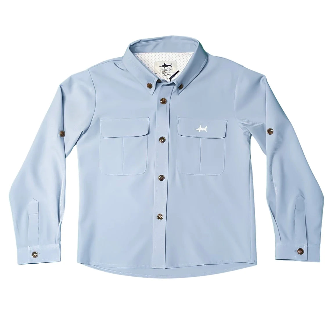 Saltwater Boys Flagler Fishing Shirt in blue with vented mesh back and convertible sleeves