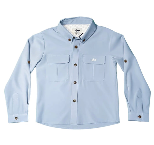 Saltwater Boys Flagler Fishing Shirt in blue with vented mesh back and convertible sleeves