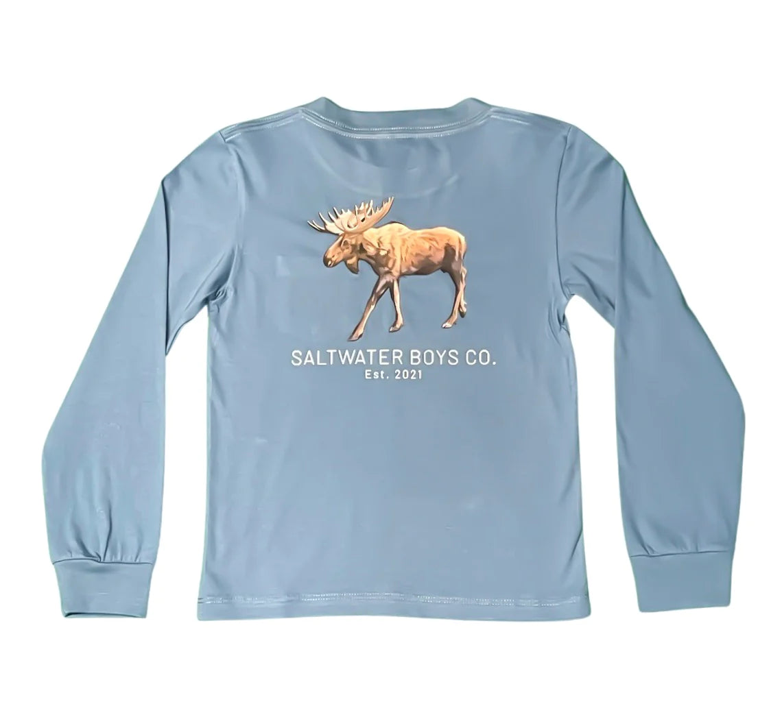 Saltwater Boys Moose Long Sleeve Tee in soft blue with moose graphic and classic logo pocket