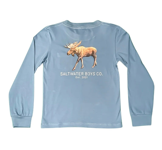 Saltwater Boys Moose Long Sleeve Tee in soft blue with moose graphic and classic logo pocket