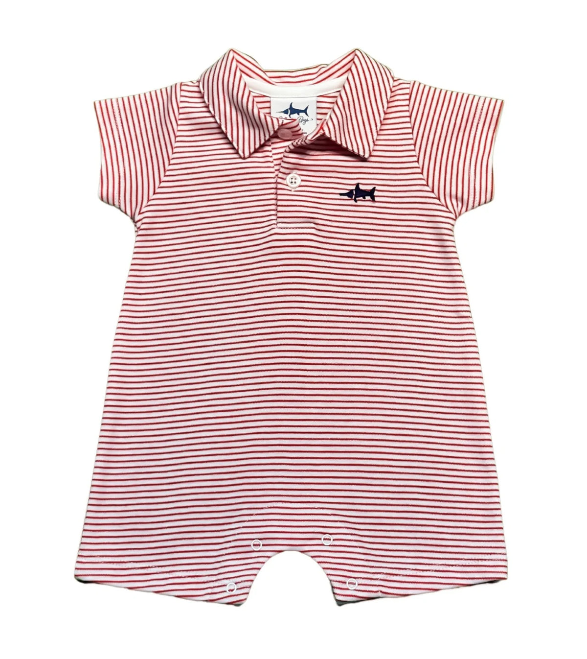 Saltwater Boys red and white Signature Polo Romper with navy embroidered marlin detail