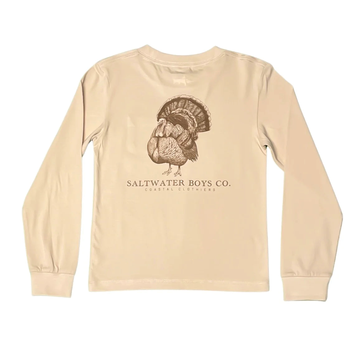 Turkey graphic long sleeve t-shirt in sand by Saltwater Boys, front view with chest pocket detail