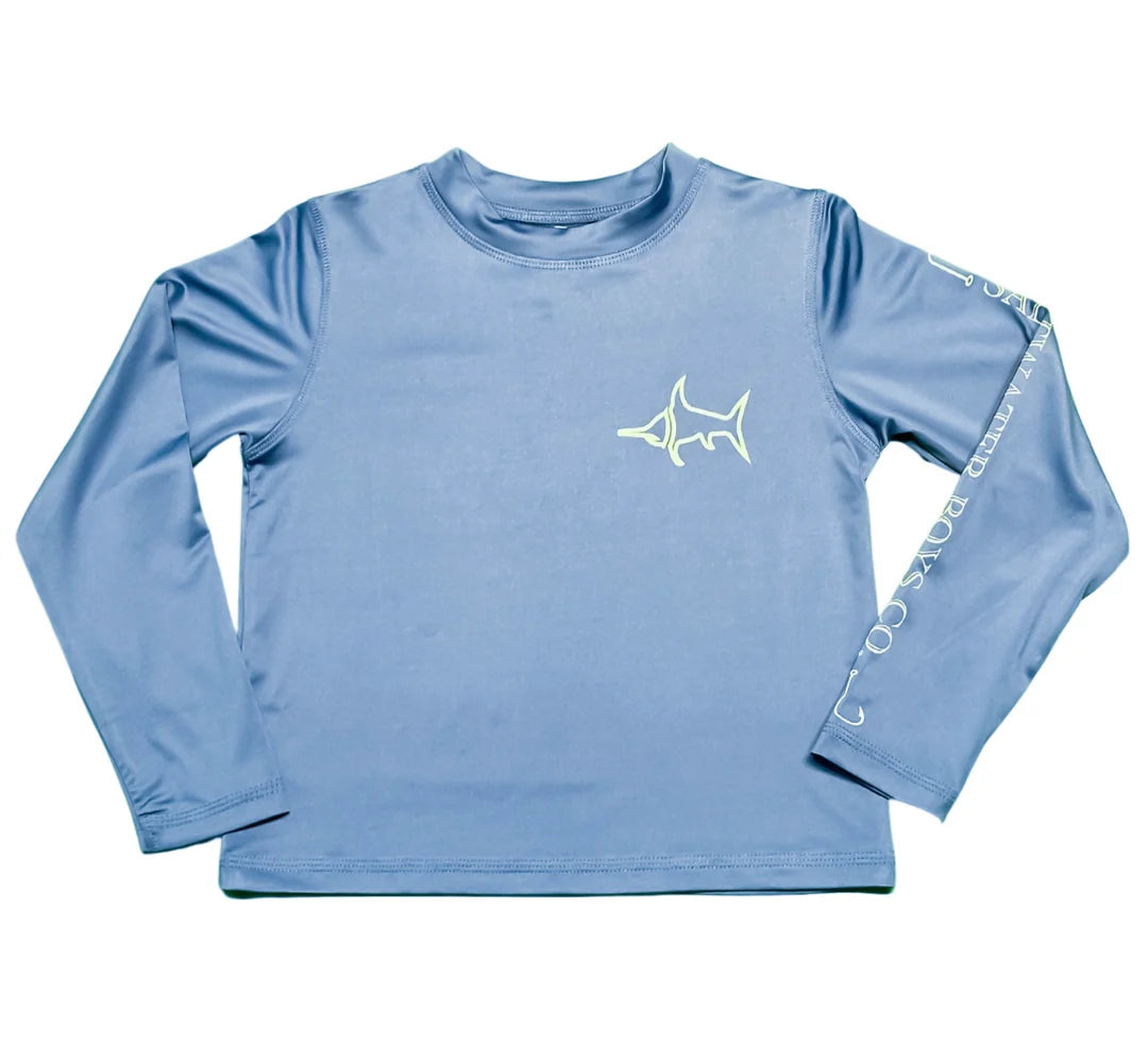 Light blue Tybee Rashguard by Saltwater Boys with UPF 50+ protection