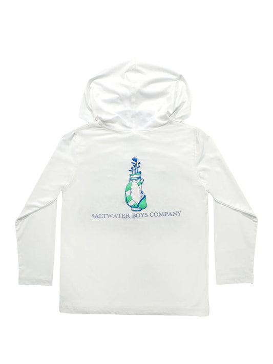 A Plain White hoodie with a blue white and green gold bag graphic in the middle. Underneath, it says "Saltwater Boys Company"