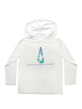 Load image into Gallery viewer, A Plain White hoodie with a blue white and green gold bag graphic in the middle. Underneath, it says &quot;Saltwater Boys Company&quot;
