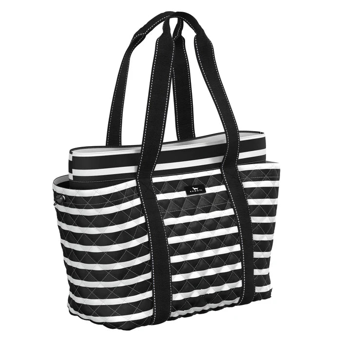 Scout Fleetwood Black quilted baby bag with exterior pockets and zip closure