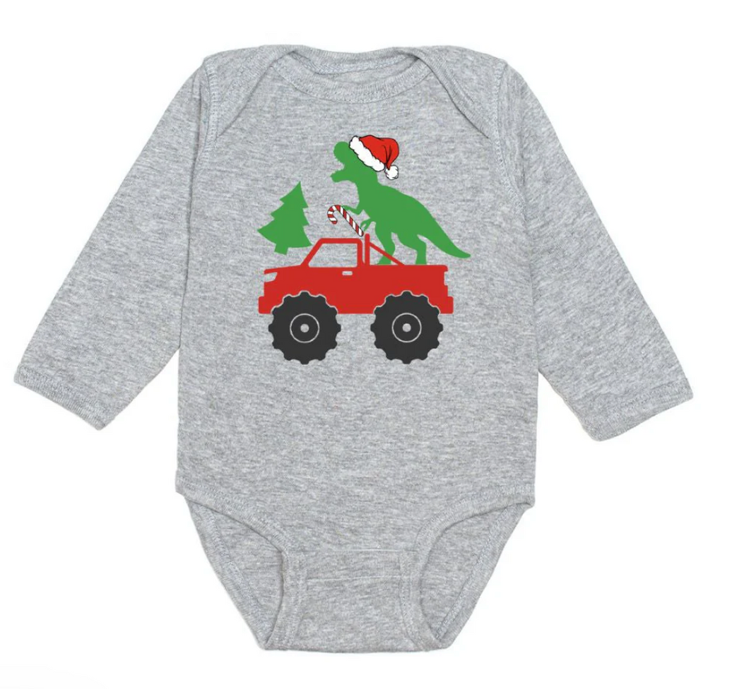 Santa Dino Monster Truck Christmas Long Sleeve Bodysuit - Gray