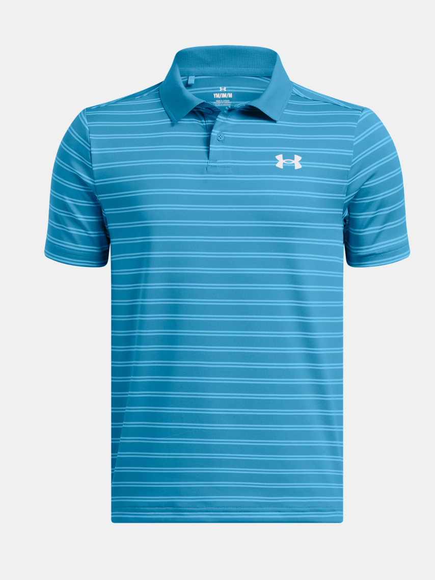 Under Armour MatchPlay Stripe Polo in Ether Blue with 2-button placket and ribbed collar